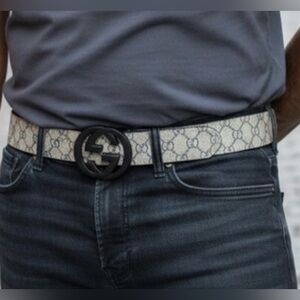 monogram GG Supreme blue belt with an interlocking black G buckle. Unisex. NEW